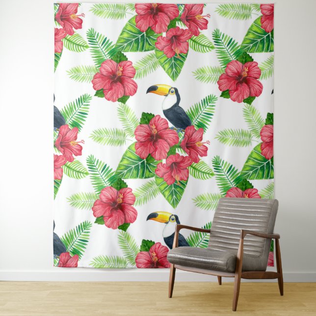 Toucan and tropical bouquet tapestry (In Situ)