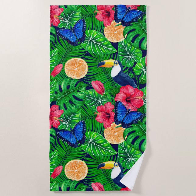 Toucan and tropical garden watercolor beach towel (Front)