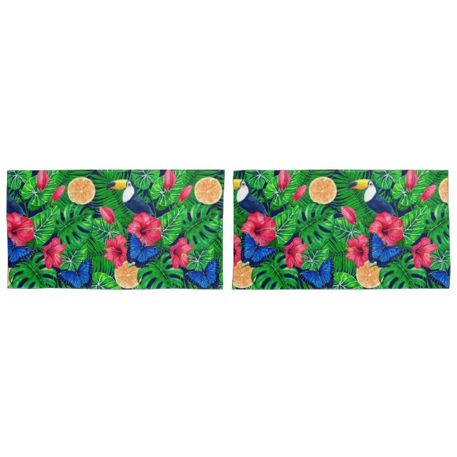Toucan and tropical garden watercolor pillowcase (Front-Set)