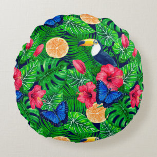 Toucan and tropical garden watercolor round cushion