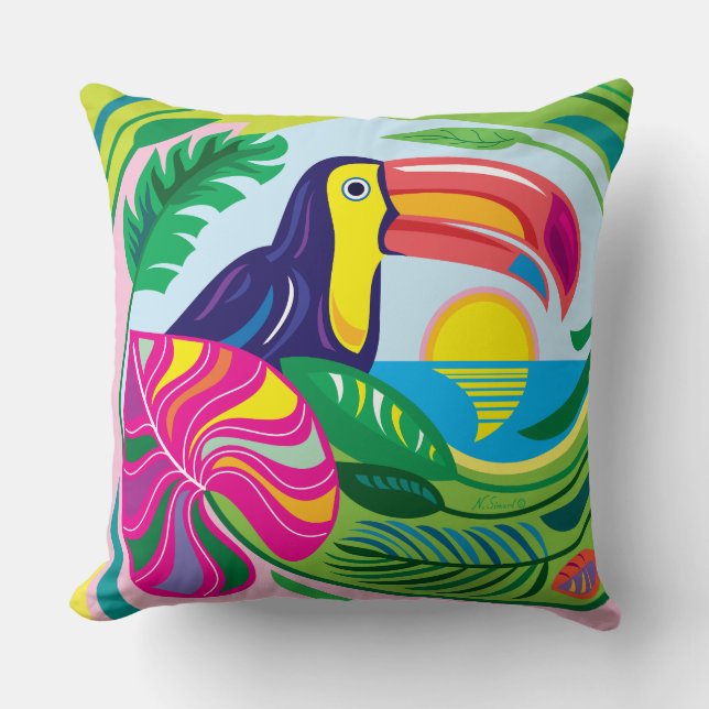 Toucan and Tropical Leaves Cushion (Front)