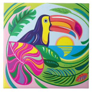 Toucan and Tropical Leaves Tile