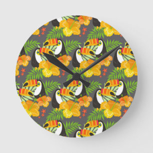 Toucan Bird Orange Tropical Flowers Green Leaves Round Clock