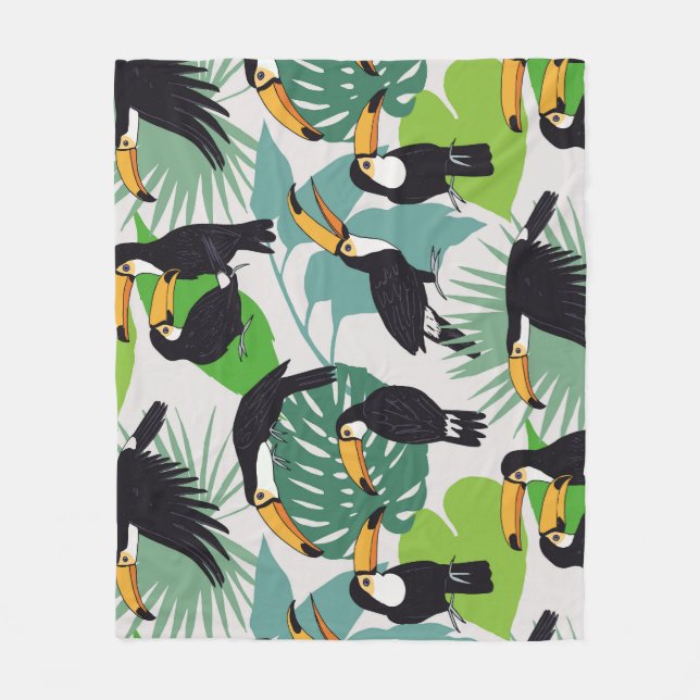 Toucan Bird: Palm Leaves Pattern Fleece Blanket (Front)