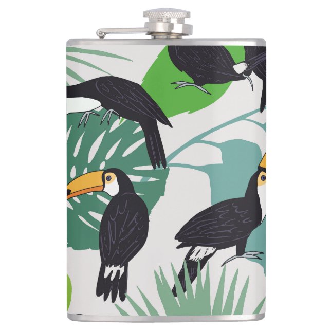 Toucan Bird: Palm Leaves Pattern Hip Flask (Front)