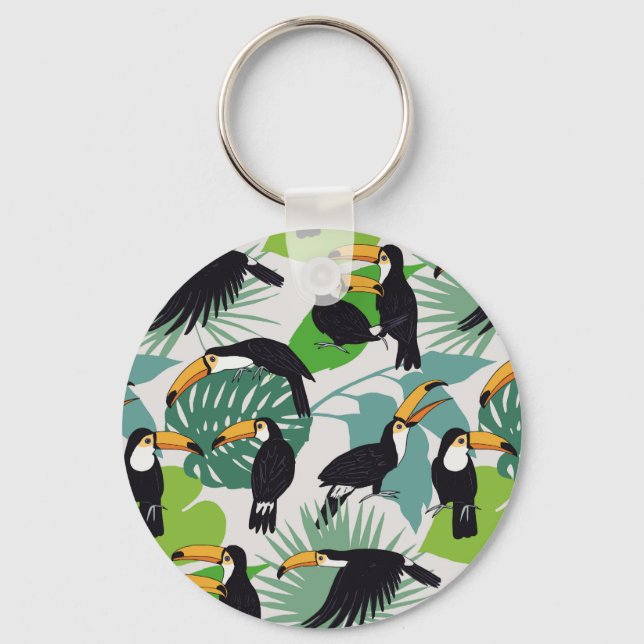 Toucan Bird: Palm Leaves Pattern Key Ring (Front)