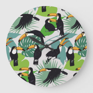 Toucan Bird: Palm Leaves Pattern Large Clock