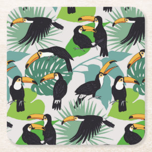 Toucan Bird: Palm Leaves Pattern Square Paper Coaster