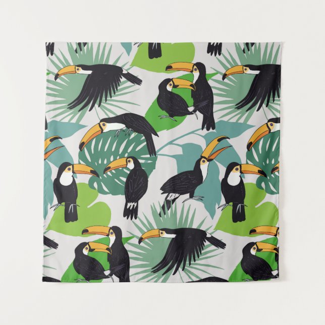 Toucan Bird: Palm Leaves Pattern Tapestry (Front)