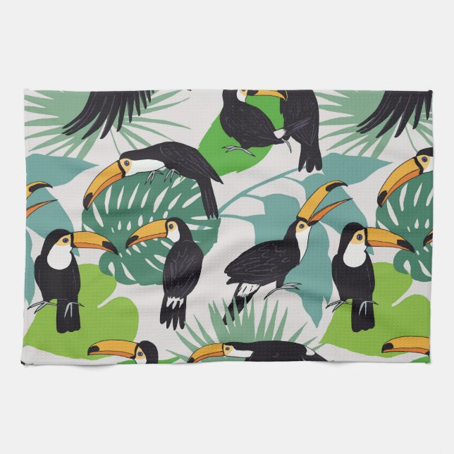 Toucan Bird: Palm Leaves Pattern Tea Towel (Horizontal)