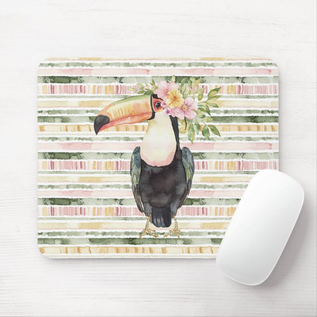 Toucan Bird Pink Green Stripes Mouse Pad (With Mouse)