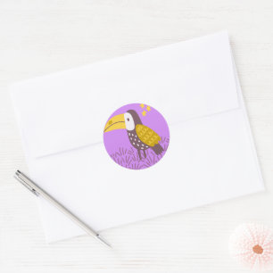 Toucan Bird with Yellow Stars on Purple Background Classic Round Sticker
