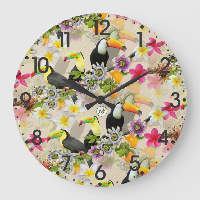 Toucan Birds, Passion Flowers, Plumeria Tropical L Large Clock (Front)
