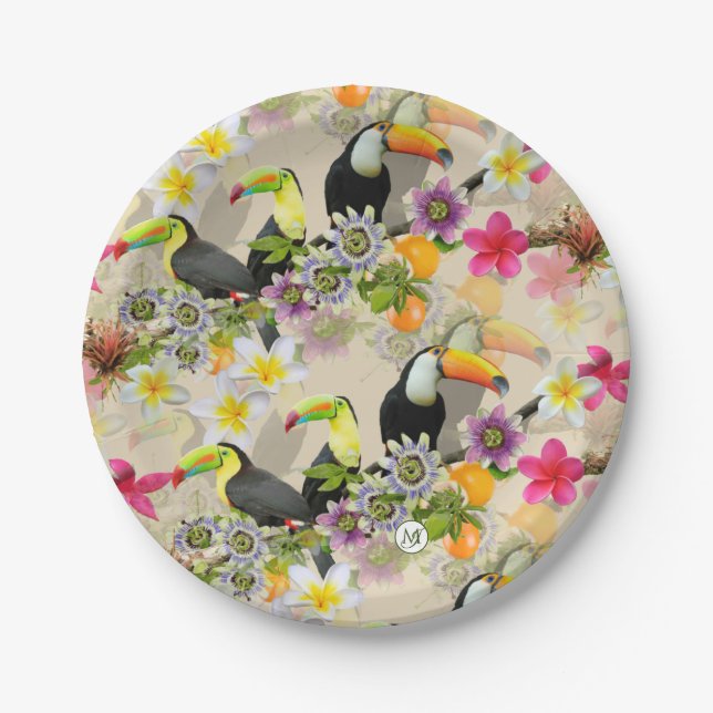 Toucan Birds, Passion Flowers, Plumeria Tropical P Paper Plate (Front)