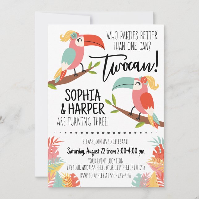 Toucan Birthday Invitation Sisters Girl Twocan (Front)