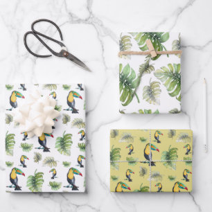 Toucan Exotic Monstera Watercolor Illustration Wrapping Paper Sheet