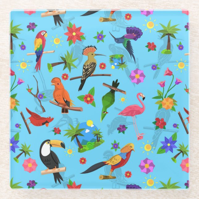 Toucan Flamingo And Arara Seamless Birds Pattern Glass Coaster (Front)
