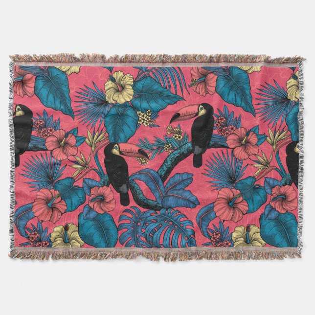 Toucan garden in red and blue throw blanket (Front)