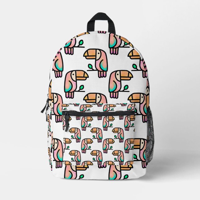 toucan jungle bird pastel rainbow cartoon pattern printed backpack (Front)