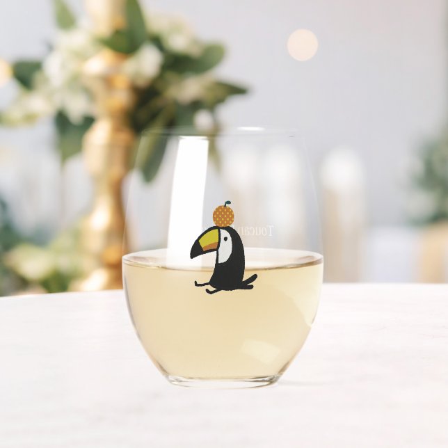 Toucan Loves Orange Stemless Wine Glass (Insitu (Wedding))