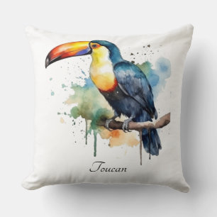 Toucan on Branch Watercolor Art, custom Cushion