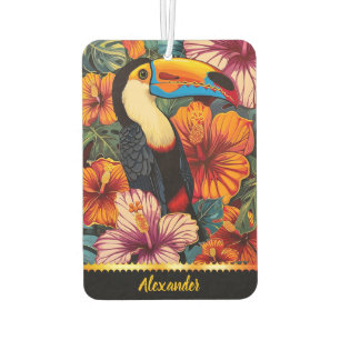 Toucan parrot amid vibrant tropical flowers car air freshener