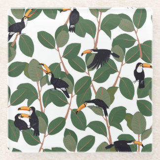 Toucan Parrot and Ficus: Vintage Elegance. Glass Coaster