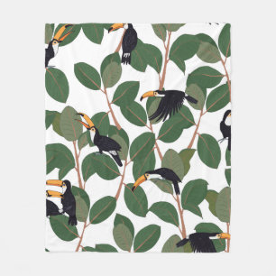 Toucan parrot bird with ficus palm leaves seamless fleece blanket