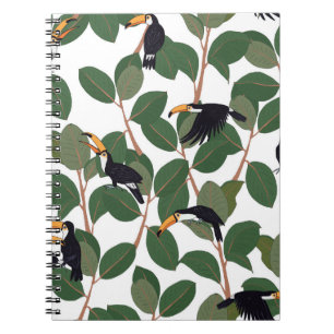 Toucan parrot bird with ficus palm leaves seamless notebook
