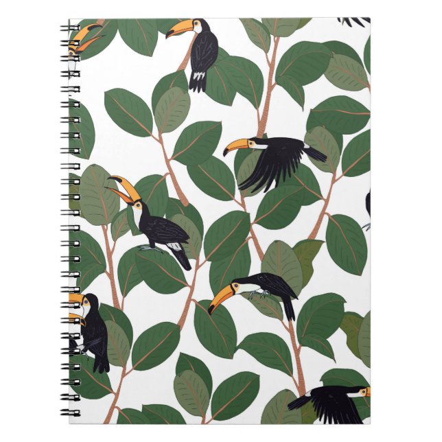 Toucan parrot bird with ficus palm leaves seamless notebook (Front)