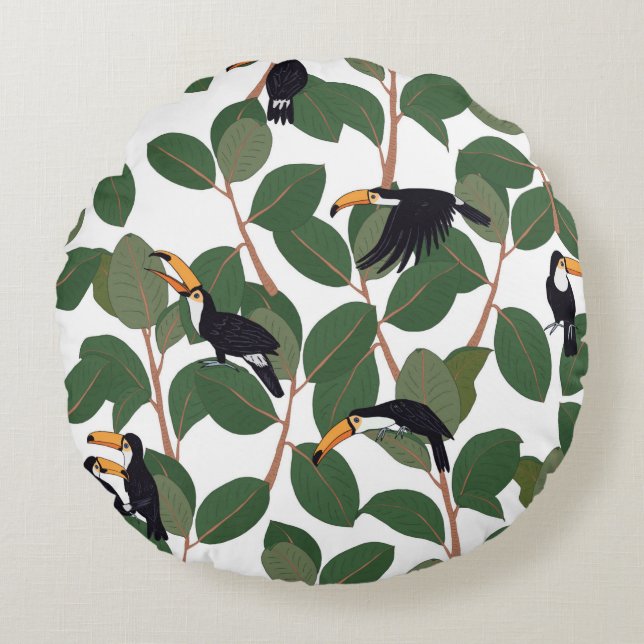 Toucan parrot bird with ficus palm leaves seamless round cushion (Front)