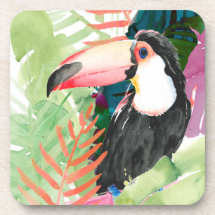 Toucan Portrait with Tropical Leaves Coaster