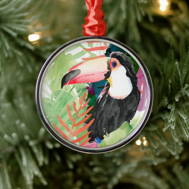 Toucan Portrait with Tropical Leaves Metal Tree Decoration (Tree)