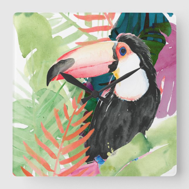 Toucan Portrait with Tropical Leaves Square Wall Clock (Front)