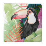 Toucan Portrait with Tropical Leaves Tile<br><div class="desc">Toucan Palms I by Jennifer Paxton Parker. A small toucan rests amongst brightly coloured tropical greenery in a watercolor style. | 133068GG</div>