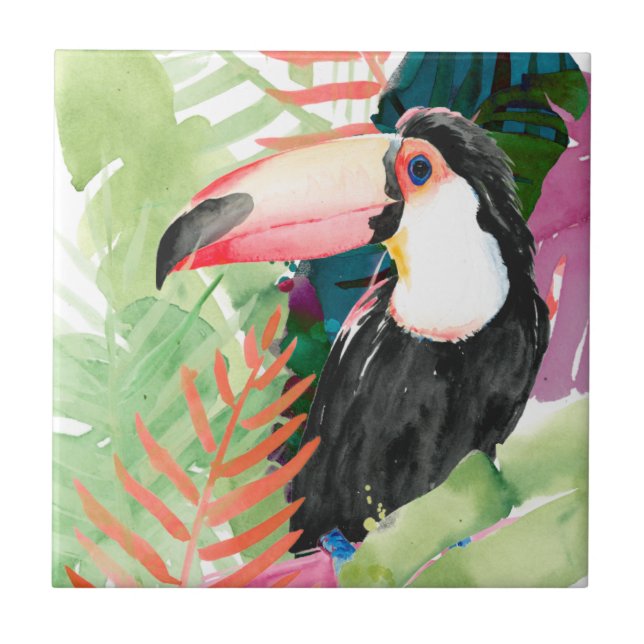 Toucan Portrait with Tropical Leaves Tile (Front)