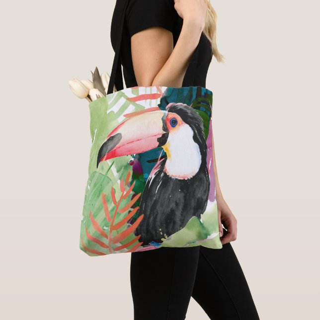 Toucan Portrait with Tropical Leaves Tote Bag (Close Up)
