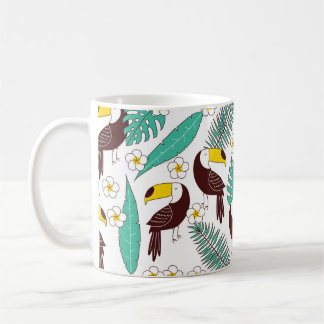 Toucan seamless patter, tile with palm leaves and  coffee mug