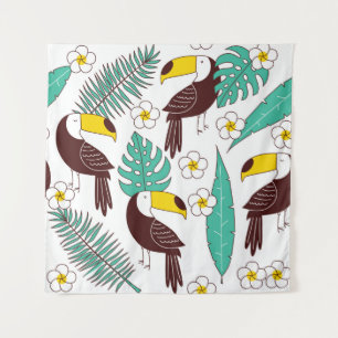Toucan seamless patter, tile with palm leaves and tapestry