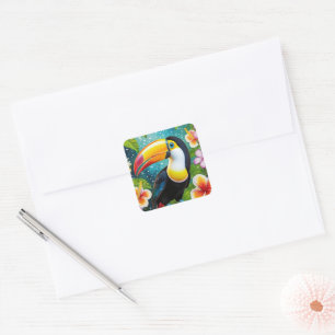 Toucan Tropical Bird and Hibiscus Flowers Colourfu Square Sticker