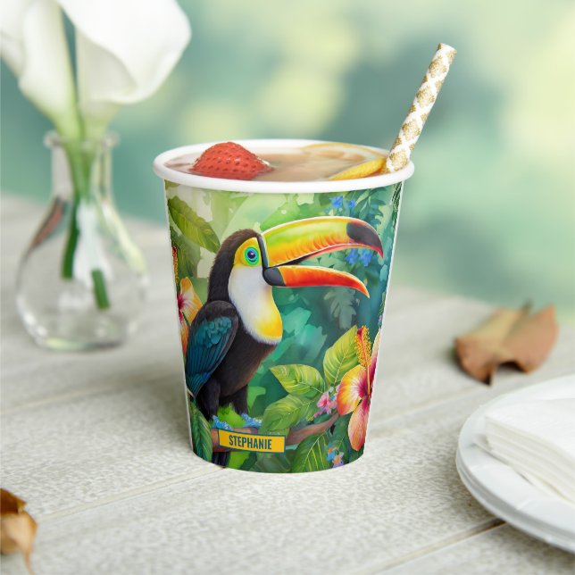 Toucan Tropical Bird Personalised Name Paper Cups (Insitu)
