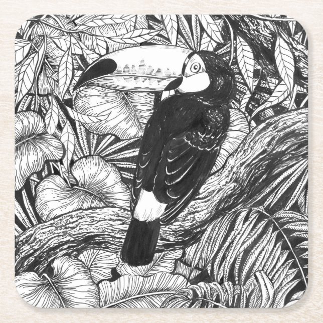 Toucan tropical garden square paper coaster (Front)