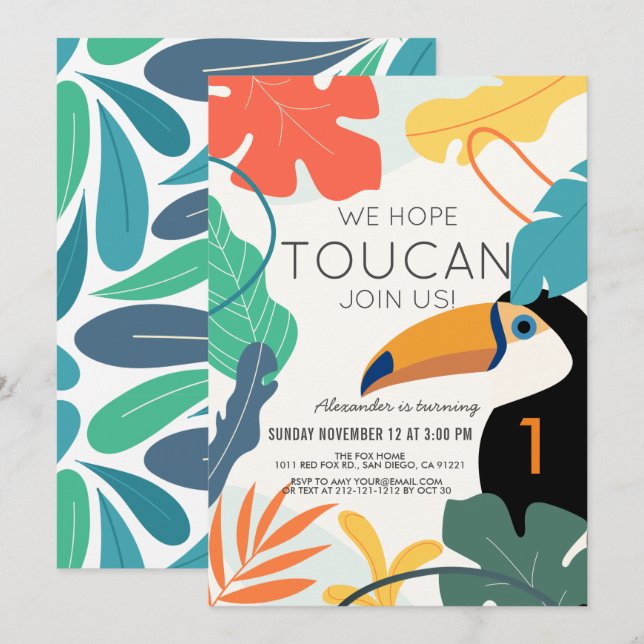 Toucan Tropical Leaf Modern 1st Birthday Invitation (Front/Back)