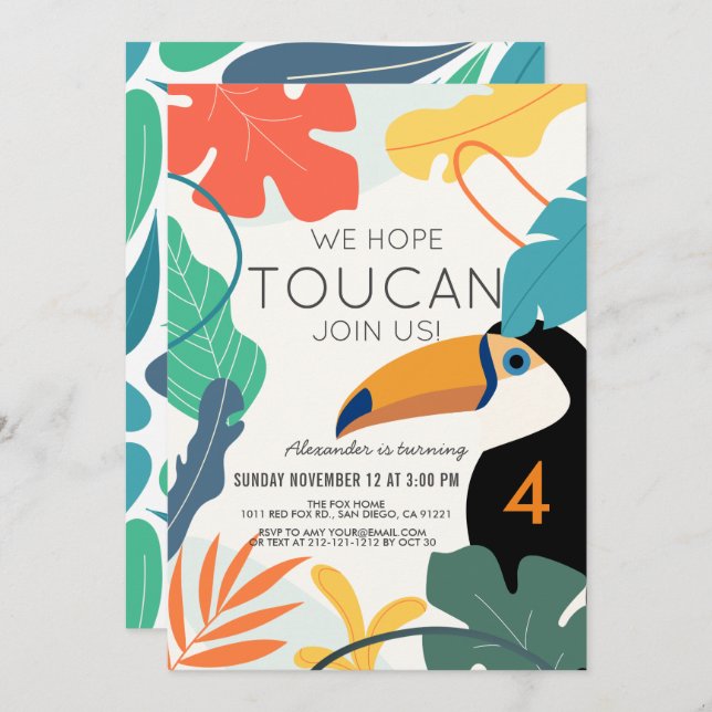 Toucan Tropical Leaf Modern Kids Birthday Invitation (Front/Back)