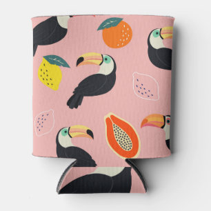 Toucan with Abstract Tropical Fruits Can Cooler