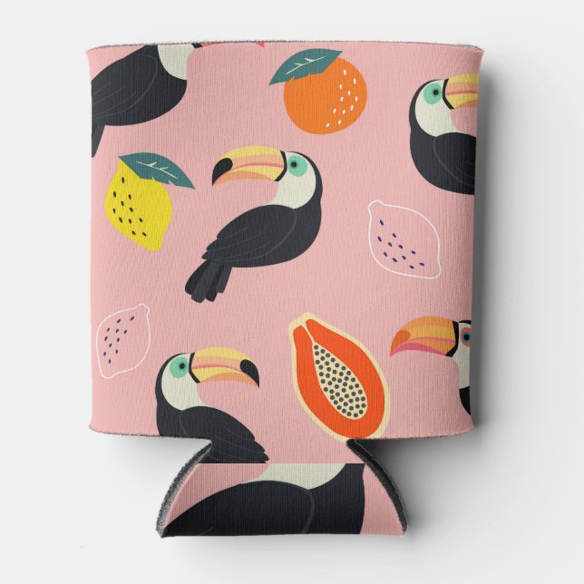 Toucan with Abstract Tropical Fruits Can Cooler (Front)