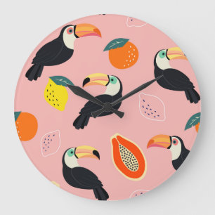 Toucan with Abstract Tropical Fruits Large Clock