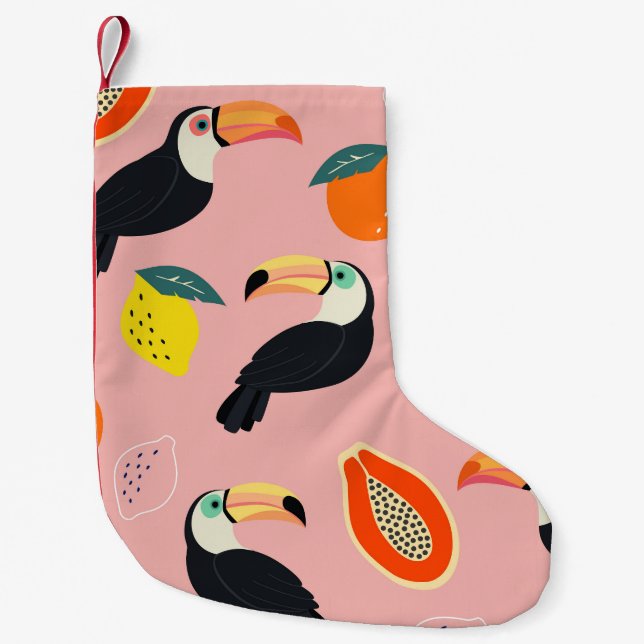 Toucan with Abstract Tropical Fruits Small Christmas Stocking (Front)