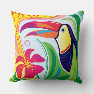Toucan with Tropical Flower Cushion
