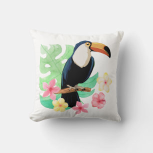 Toucan With Tropical Flowers Cushion